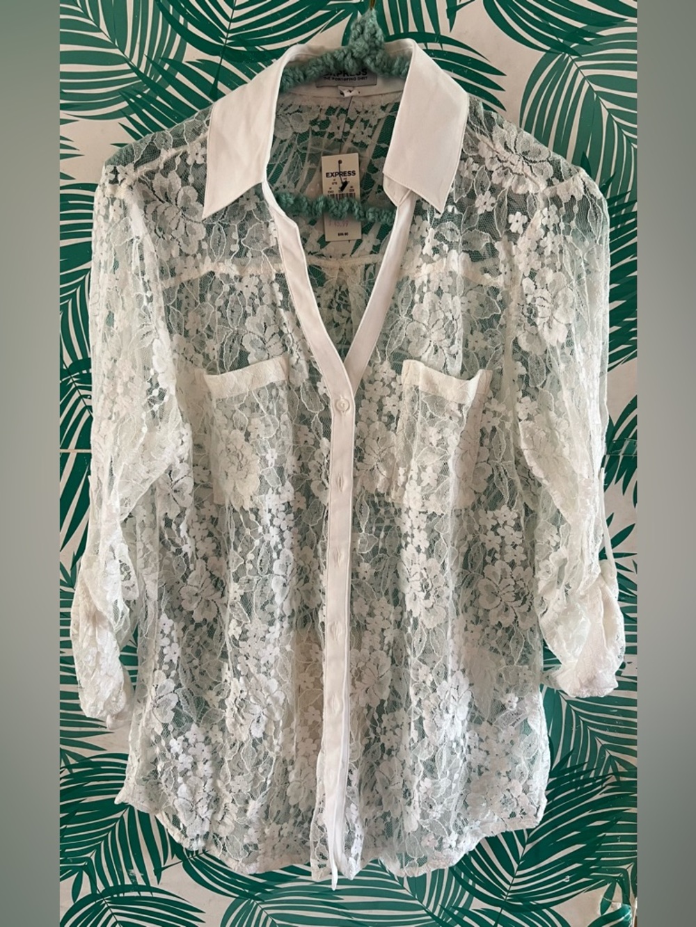 Express White Lace Sheer Button-Down Shirt NWT S w/ white collar